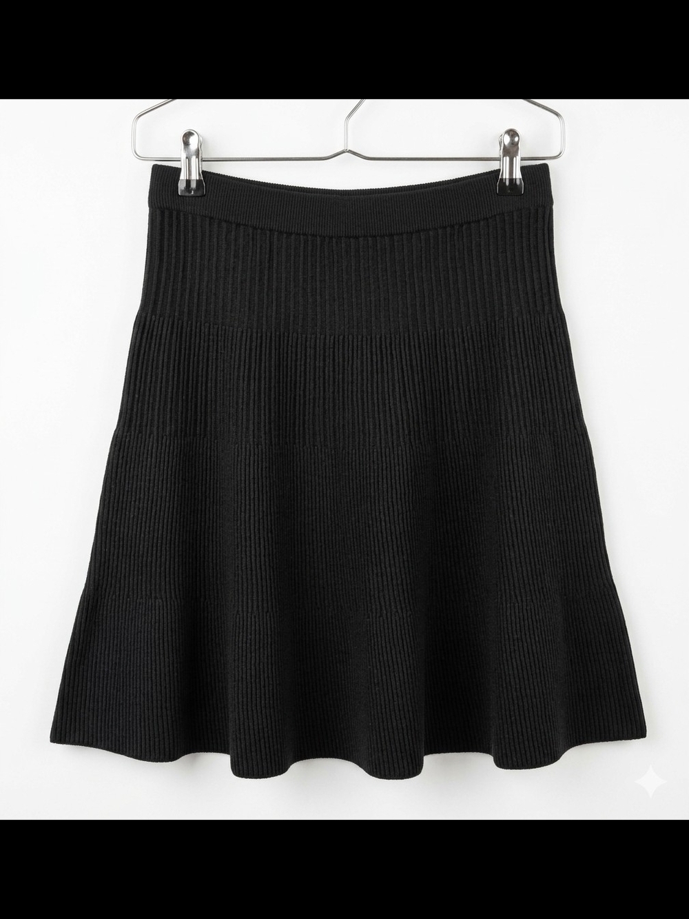 Nanette Lepore Black Ribbed Knit A-Line Skirt Medium Flare Flouncy Mini Elastic